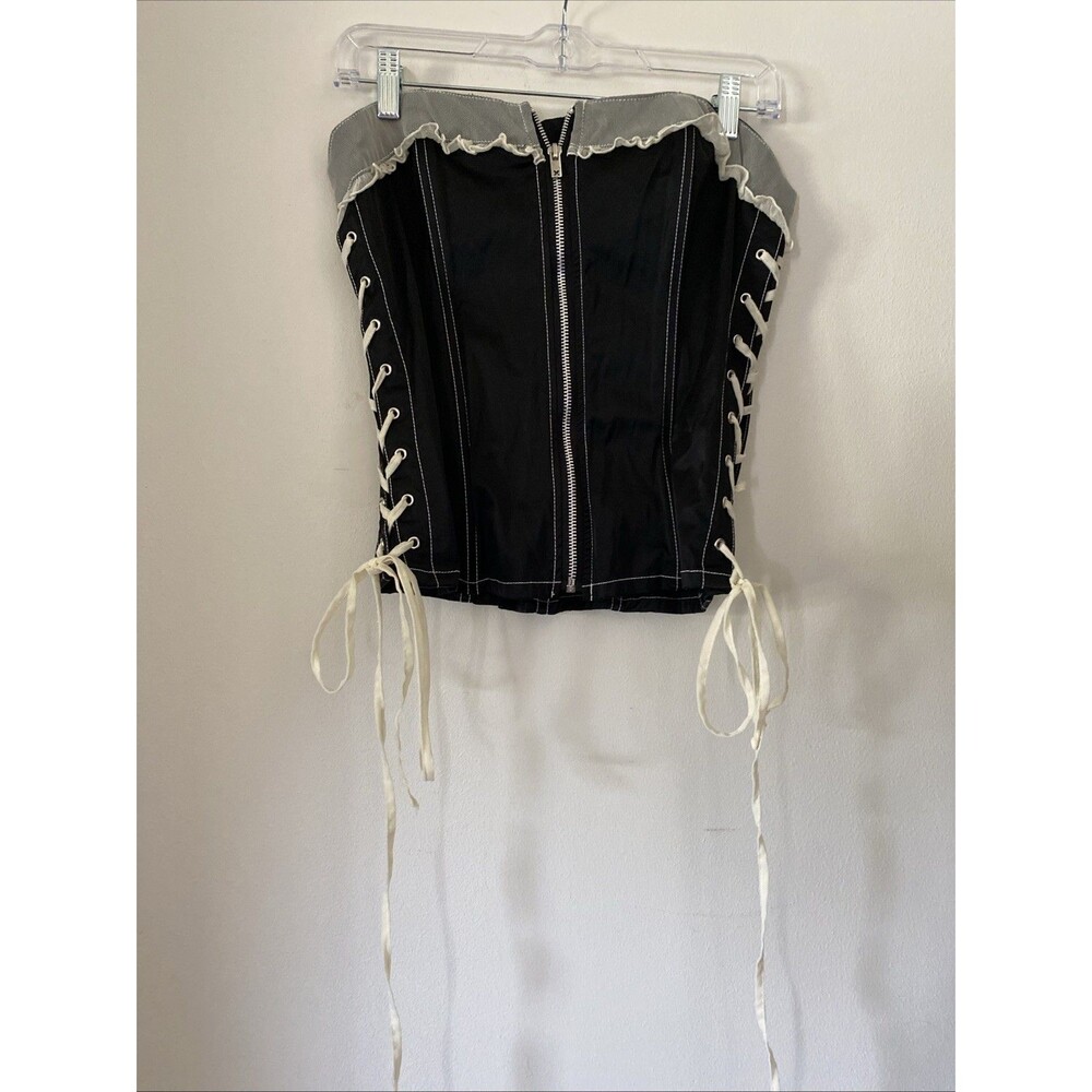 TRIPP NYC Vintage Corset Top Black Lace Up Mesh Goth Victorian Sz L Milkmaid (V1 - Picture 2 of 10
